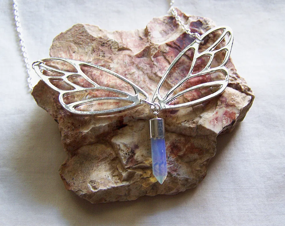 Silver Lace Wing Butterfly Opalite Crystal Necklace