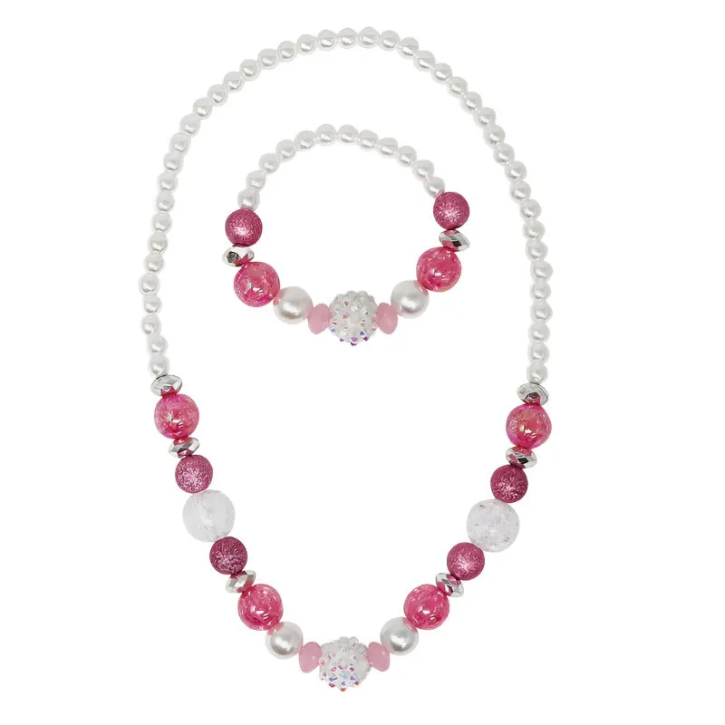 Sparkly Pink and Pearl Beaded Necklace and Bracelet Set