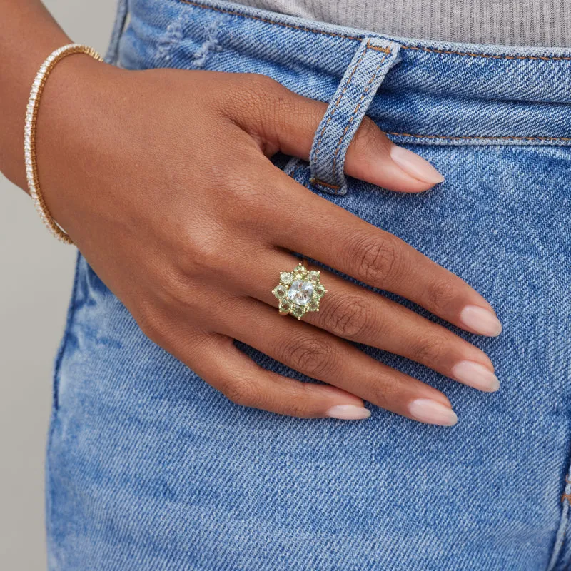 Statement Mint Tourmaline Flower Ring with Aquamarine Center