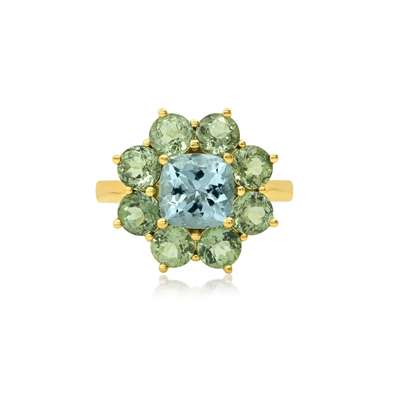 Statement Mint Tourmaline Flower Ring with Aquamarine Center