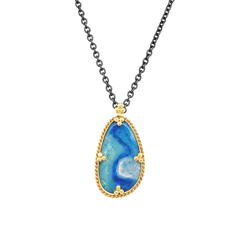 Sterling Silver & Yellow Gold Australian Opal Doublet Necklace - "Electric Waters"