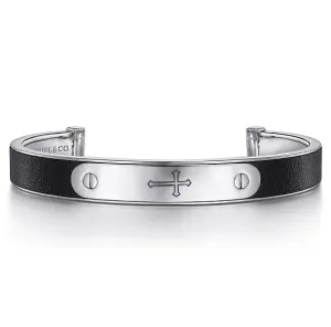 Sterling Silver and Leather Cross ID Cuff Bracelet