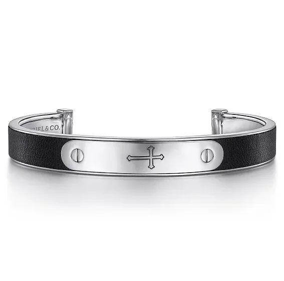 Sterling Silver and Leather Cross ID Cuff Bracelet