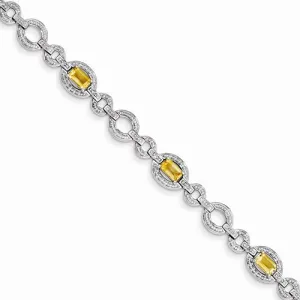 Sterling Silver Diamond & Citrine Oval Link Bracelet