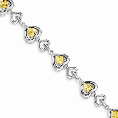 Sterling Silver Diamond & Heart Link Citrine Bracelet