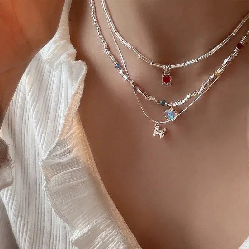 TAVIMART  -  Unusual Multiple Red Color Enamel Opal Heart Pendant Necklaces for Women Silver Color Beads Strand Letter Choker Necklace