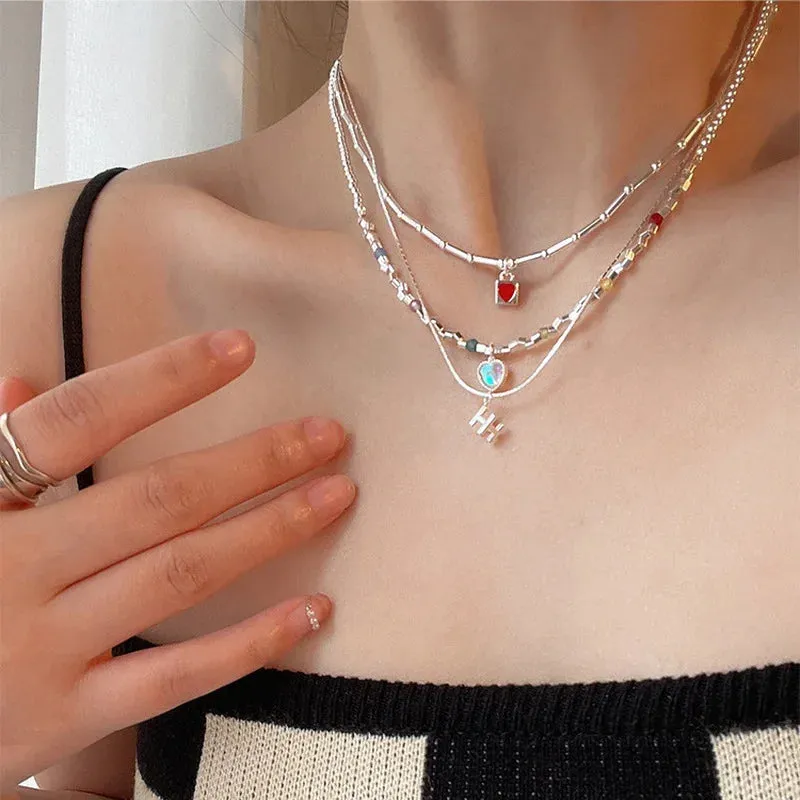 TAVIMART  -  Unusual Multiple Red Color Enamel Opal Heart Pendant Necklaces for Women Silver Color Beads Strand Letter Choker Necklace