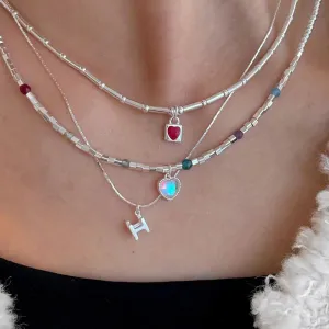 TAVIMART  -  Unusual Multiple Red Color Enamel Opal Heart Pendant Necklaces for Women Silver Color Beads Strand Letter Choker Necklace