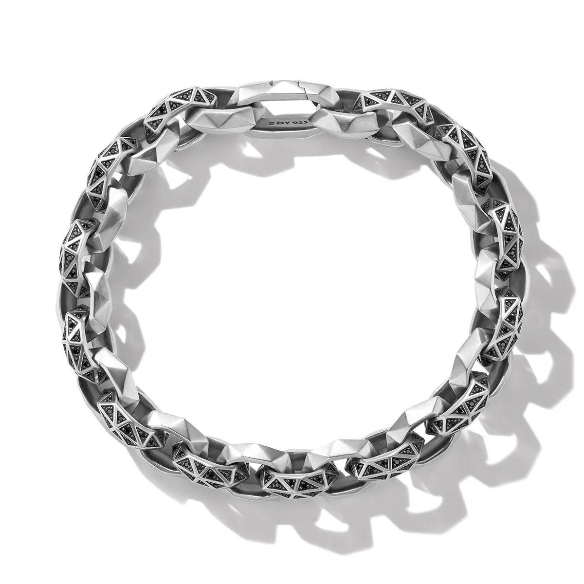 Torqued Faceted Link Bracelet in Sterling Silver with Pave Black Diamonds