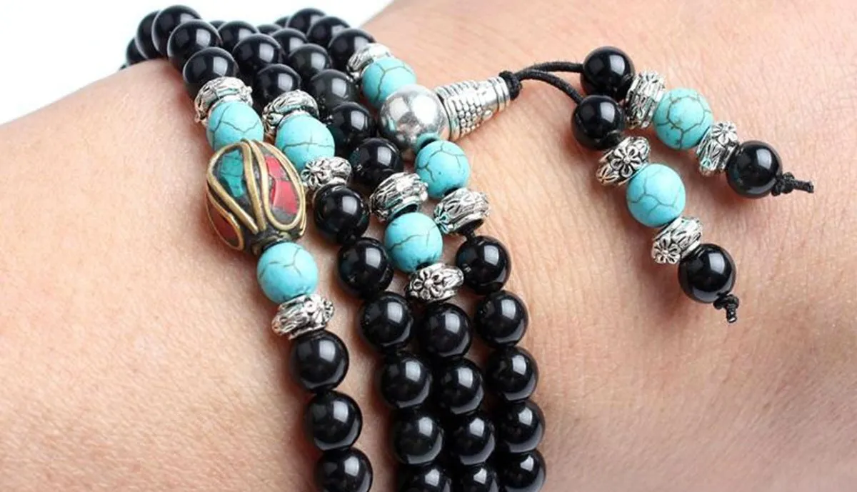 Turquoise & Obsidian Mala Bracelet/Necklace