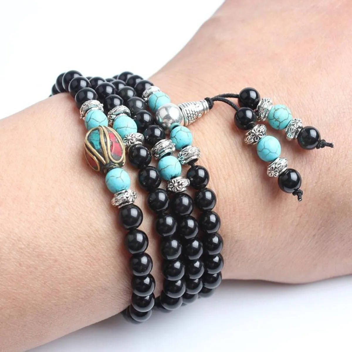 Turquoise & Obsidian Mala Bracelet/Necklace