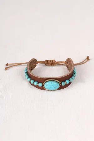 Turquoise and Leather Pull String Bracelet