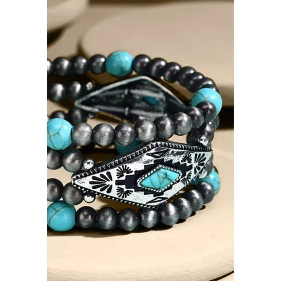 Turquoise Beaded Western Stretch Bracelet Set