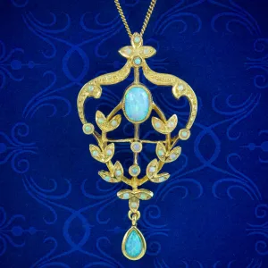 Victorian Style Opal Floral Pendant Necklace 18Ct Gold On Silver