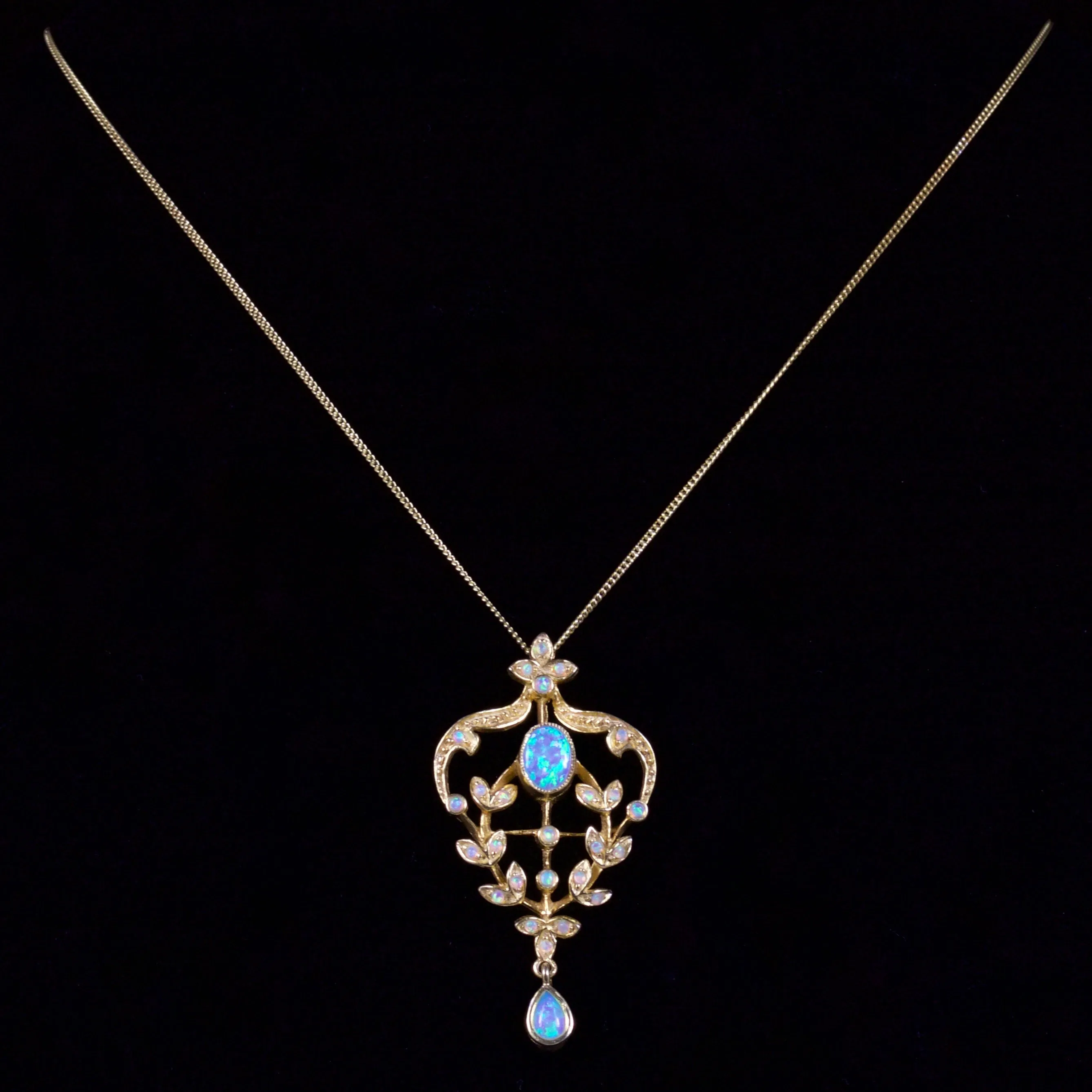 Victorian Style Opal Floral Pendant Necklace 18Ct Gold On Silver