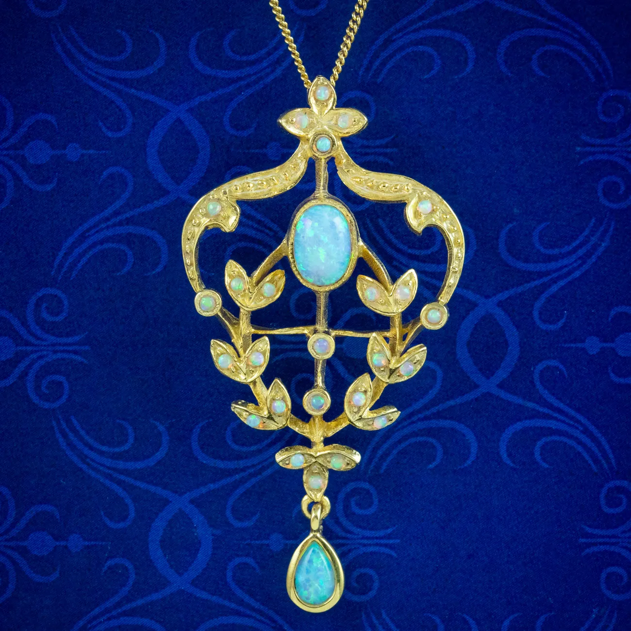 Victorian Style Opal Floral Pendant Necklace 18Ct Gold On Silver