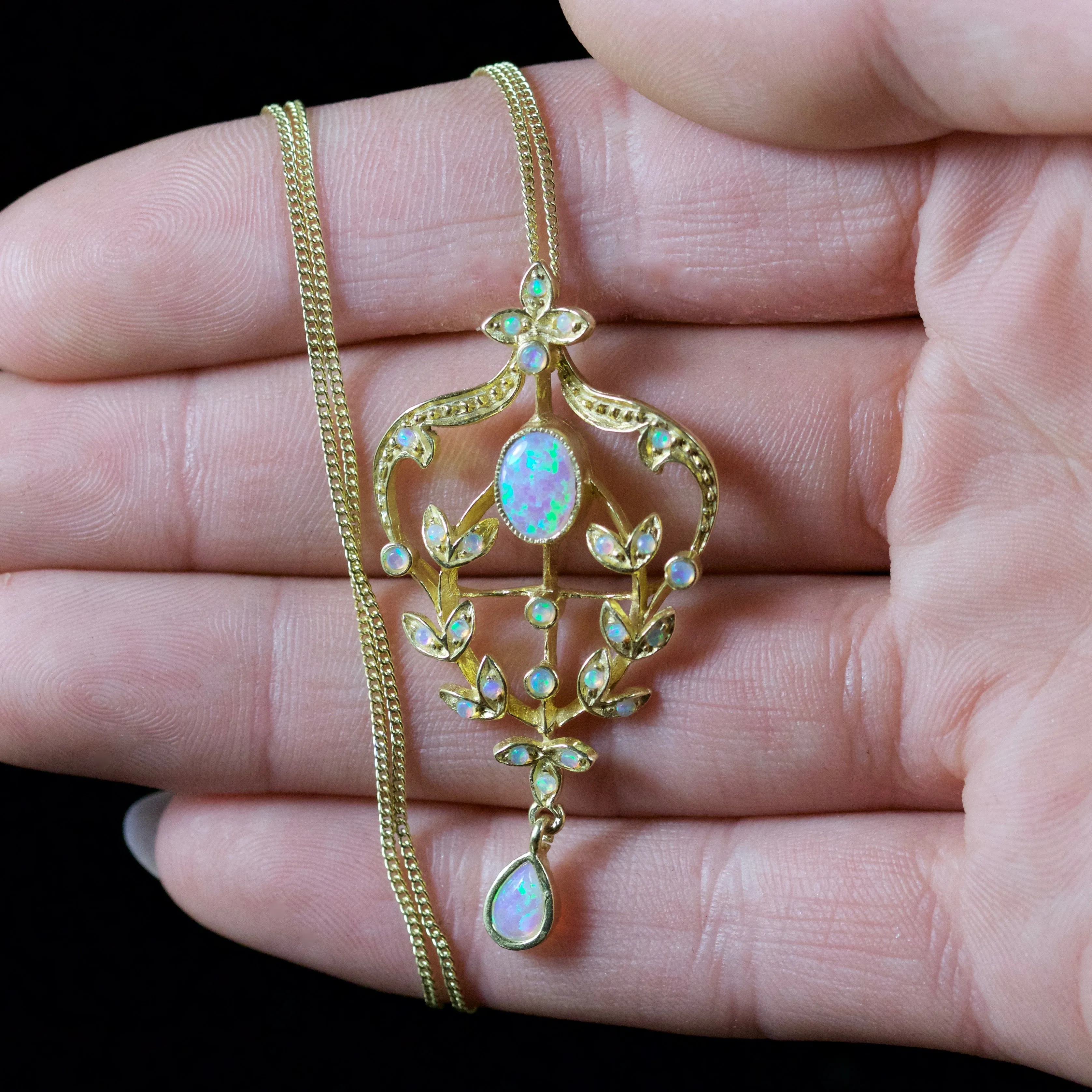 Victorian Style Opal Floral Pendant Necklace 18Ct Gold On Silver