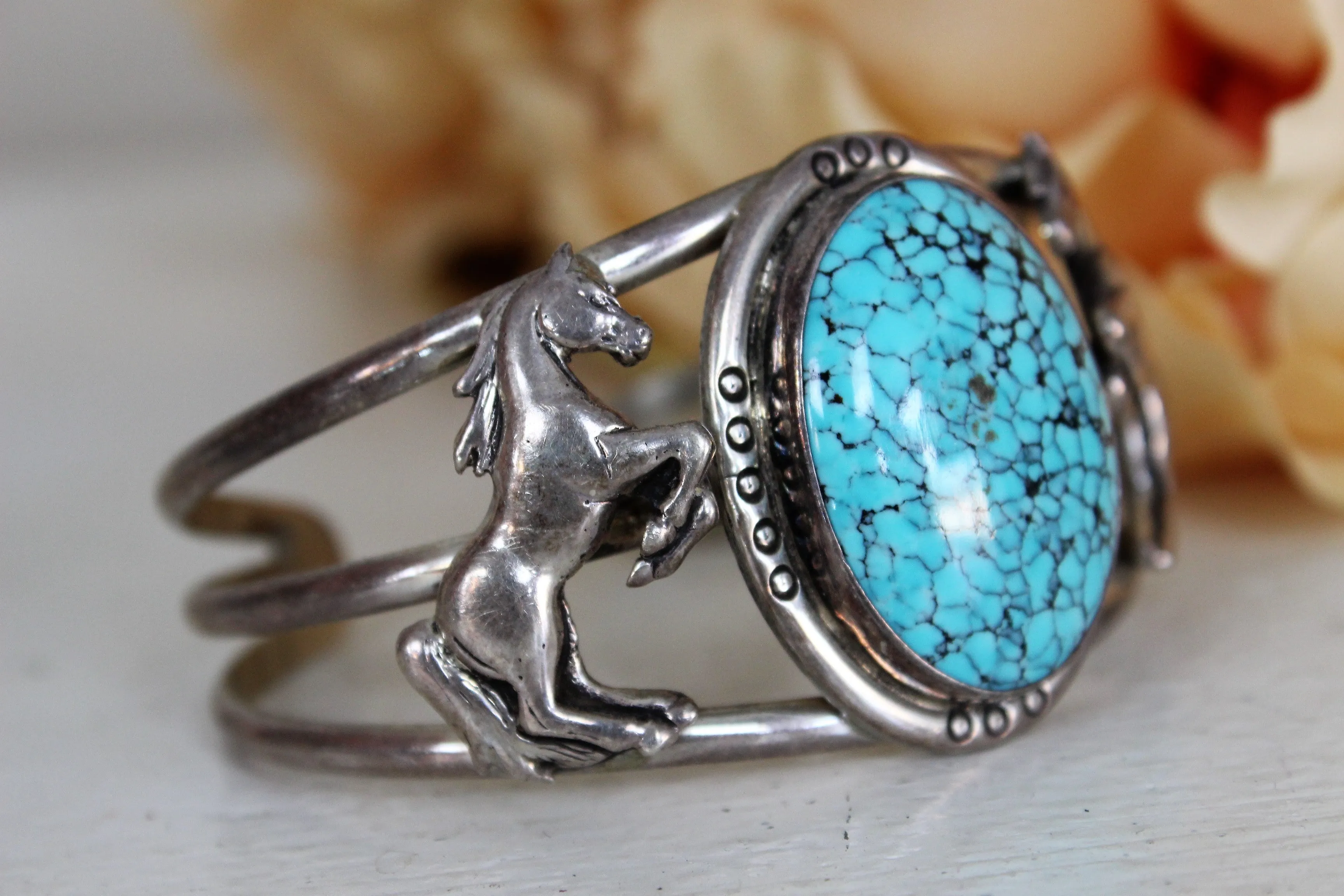 Vintage 1990s Turquoise Bracelet Cuff With Sterling Silver Horses