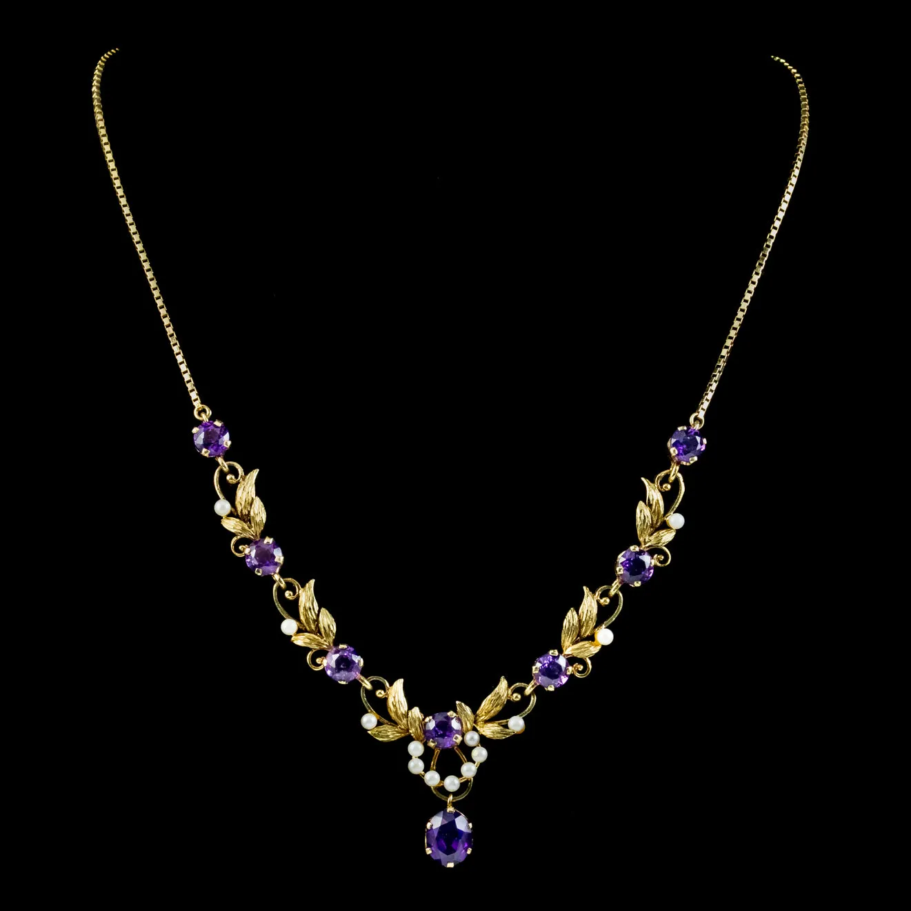 Vintage Amethyst Pearl Lavaliere Necklace 9ct Gold