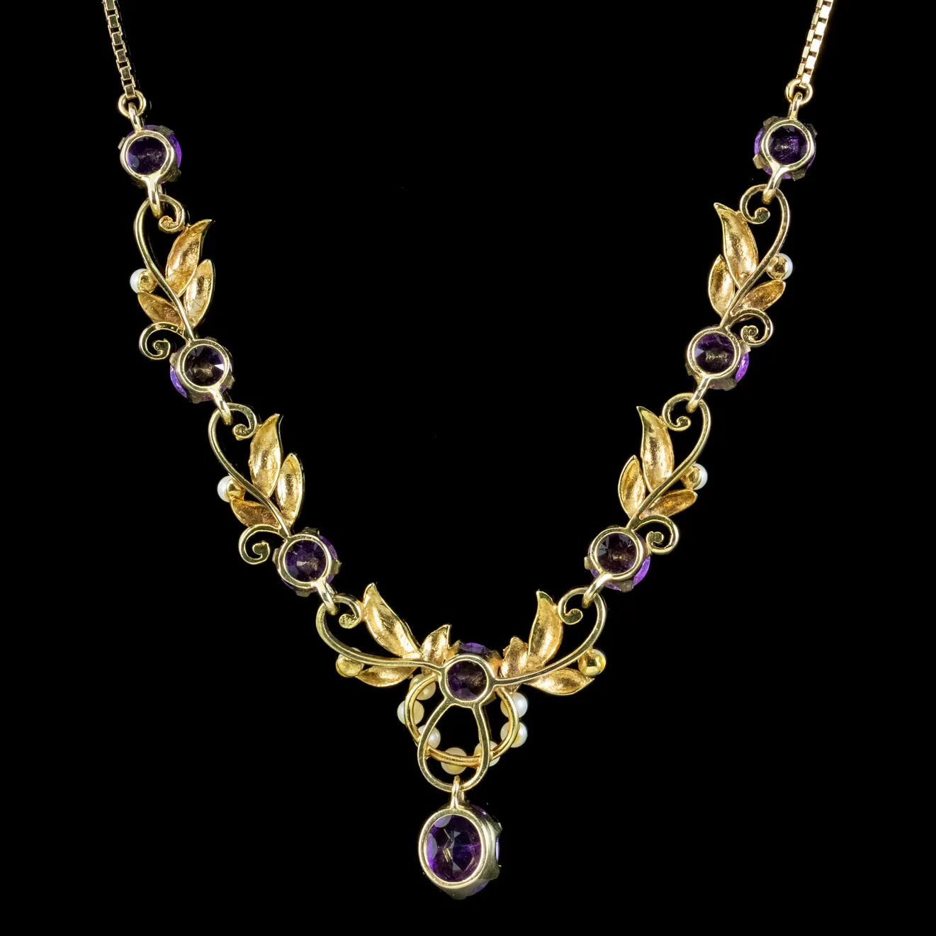 Vintage Amethyst Pearl Lavaliere Necklace 9ct Gold