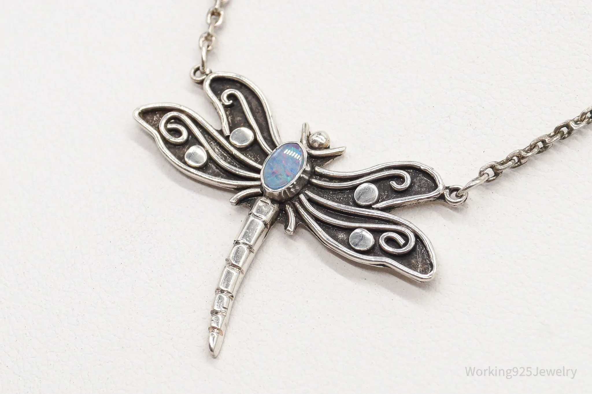 Vintage Designer Sue B Opal Dragonfly Sterling Silver Necklace