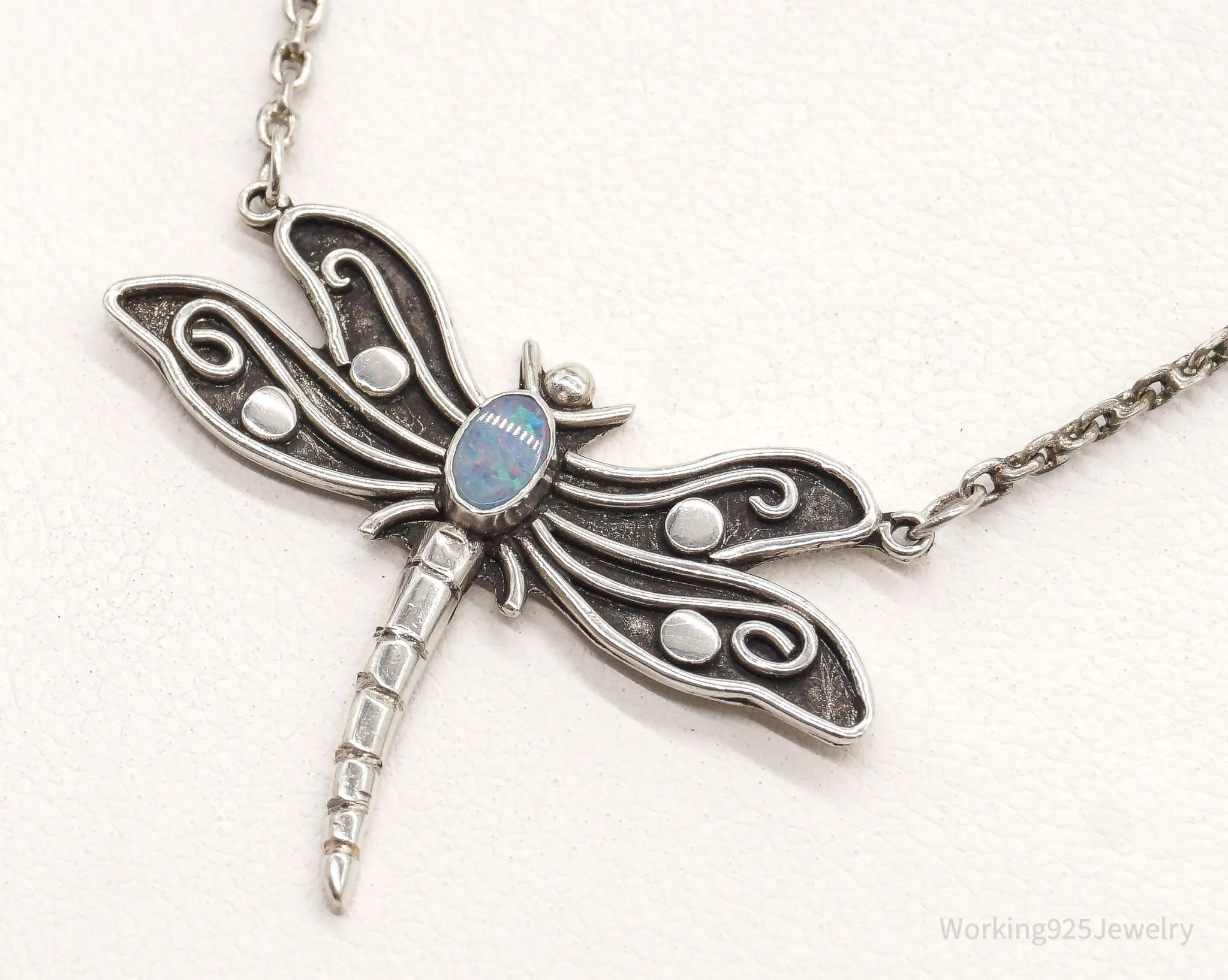 Vintage Designer Sue B Opal Dragonfly Sterling Silver Necklace