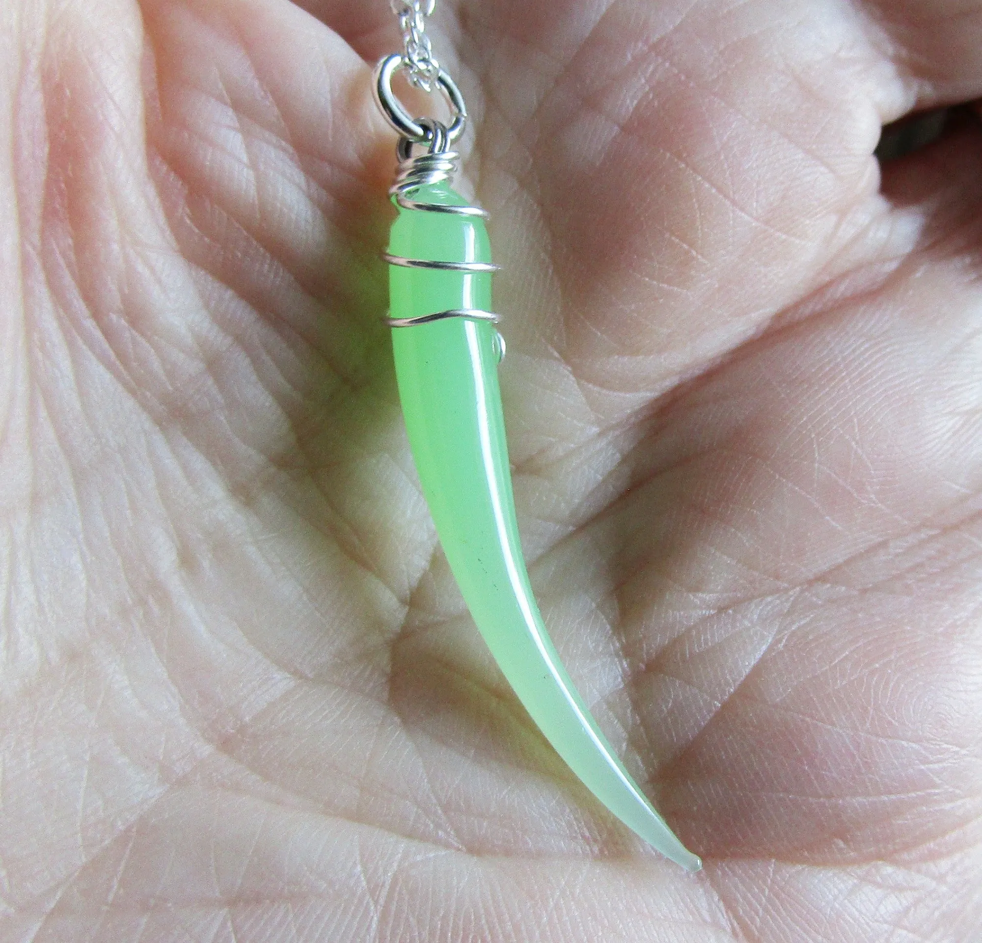 Vintage Green Opaline UV Vaseline Glass Horn Pendant Necklace