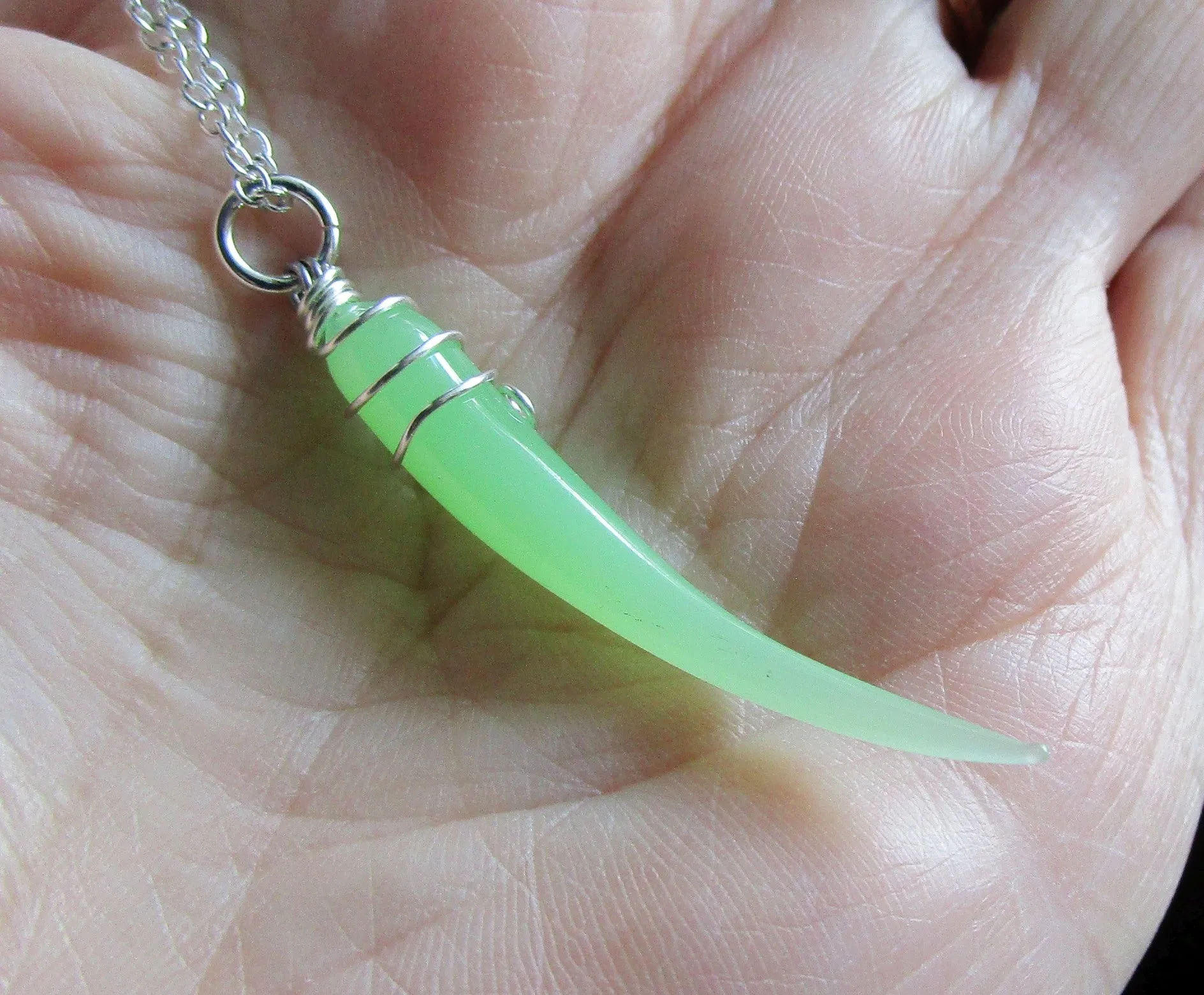 Vintage Green Opaline UV Vaseline Glass Horn Pendant Necklace