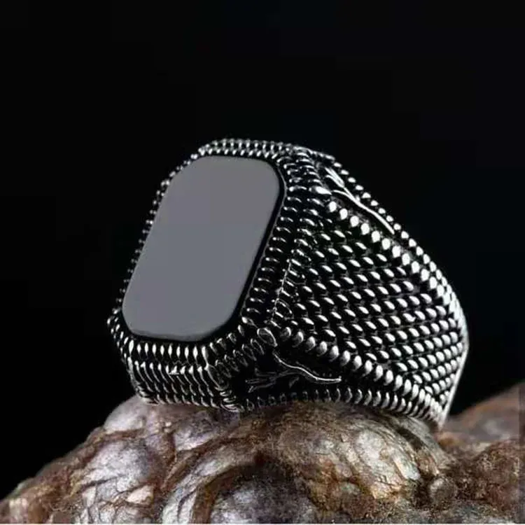 Vintage Handmade Square Onyx Stone Silver Plated Ring Men and Women Turkish Signet Big Ring Punk Jewelry Factory Wholesale