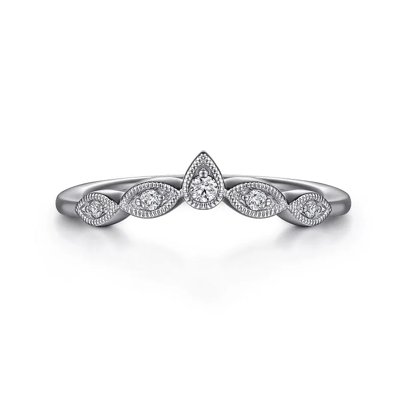 Vintage Inspired 14K White Gold Curved Gold Diamond Anniversary Band