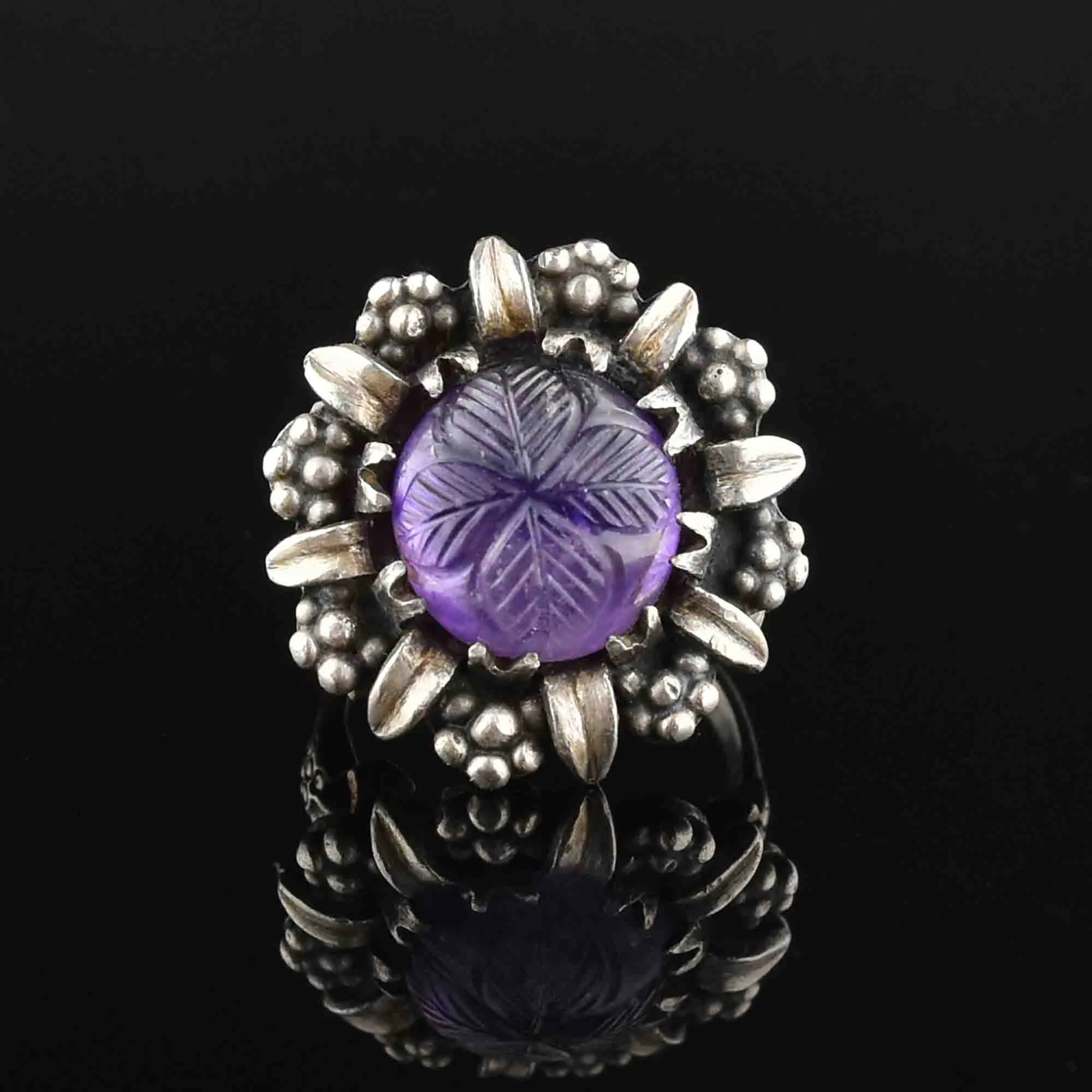 Vintage Silver Carved Amethyst Statement Ring