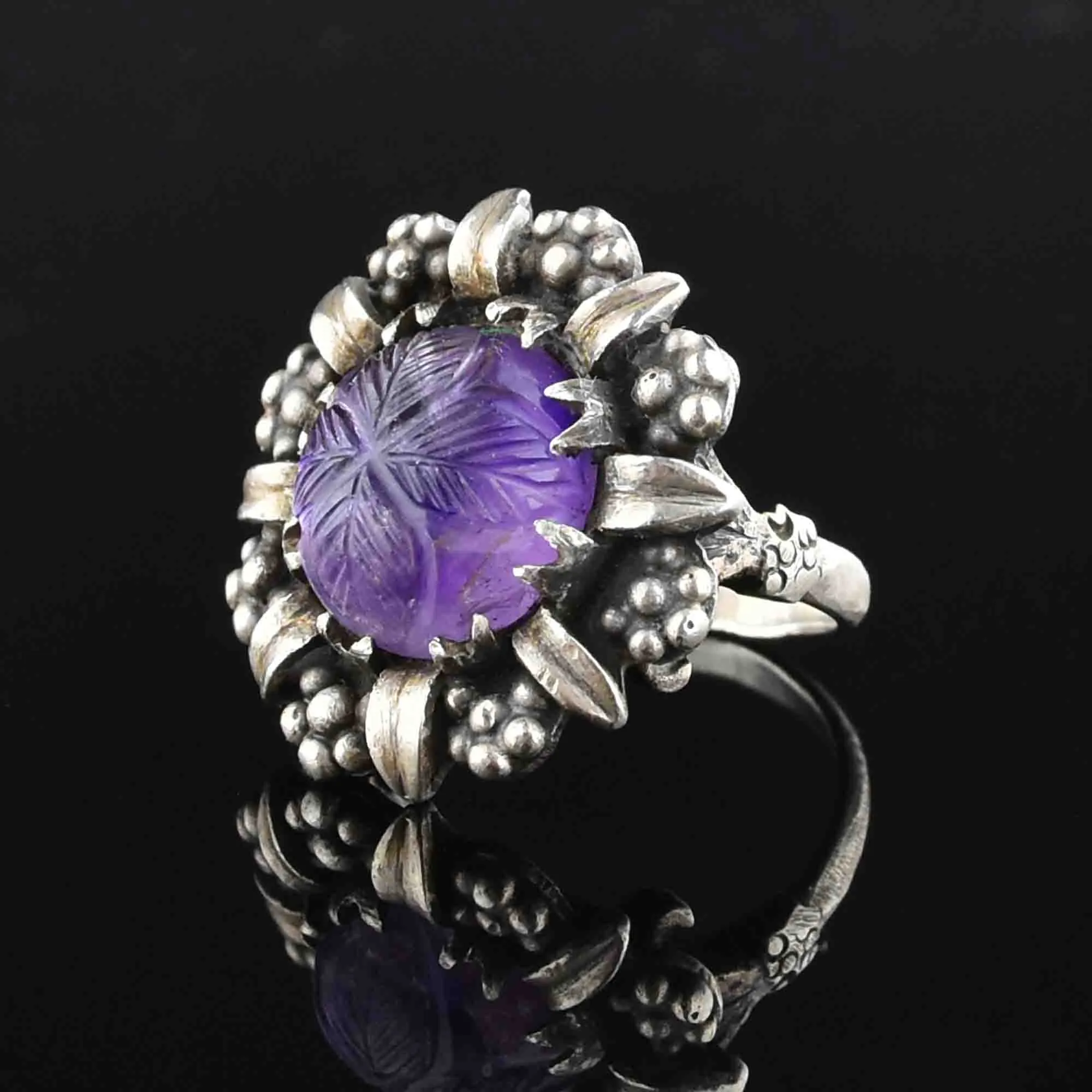 Vintage Silver Carved Amethyst Statement Ring