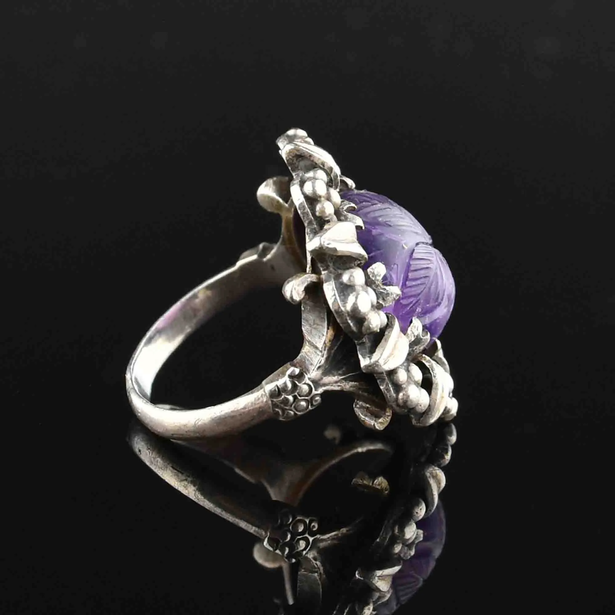 Vintage Silver Carved Amethyst Statement Ring