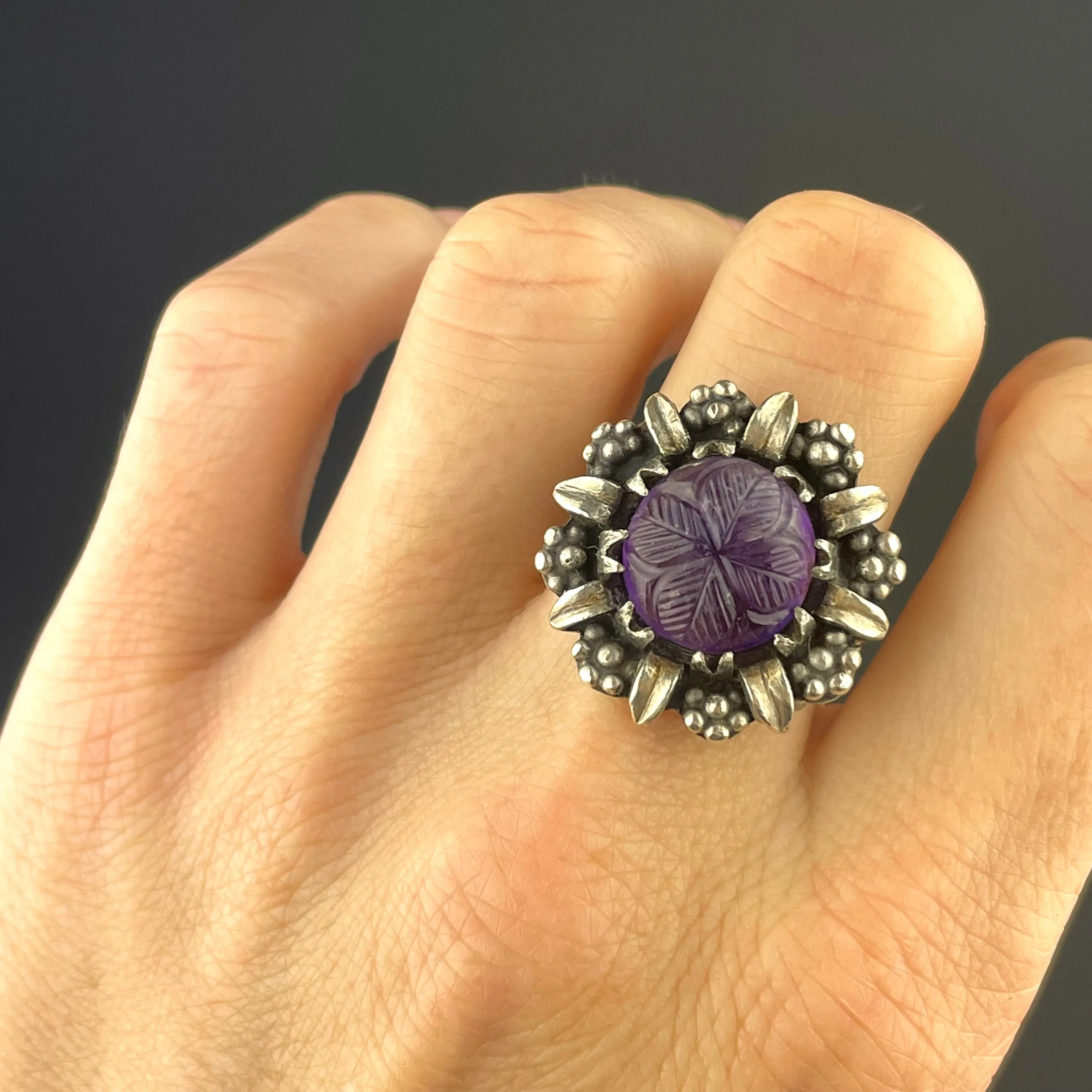 Vintage Silver Carved Amethyst Statement Ring