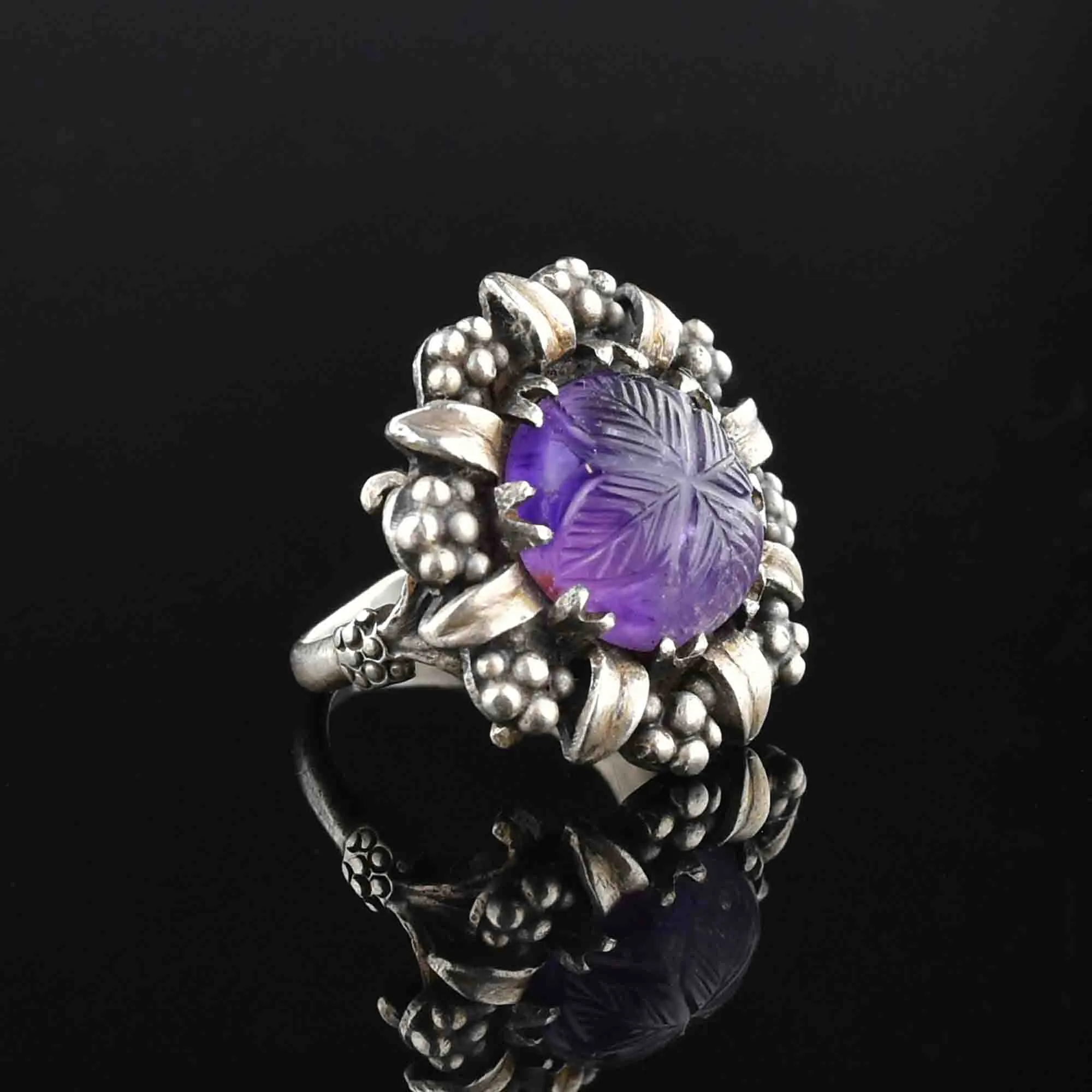 Vintage Silver Carved Amethyst Statement Ring