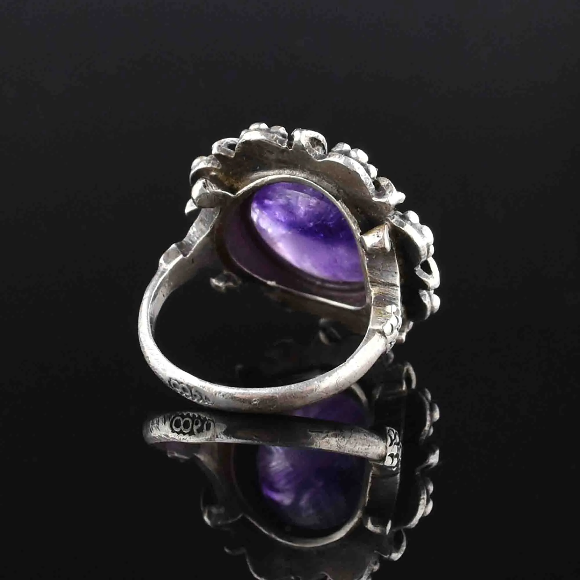 Vintage Silver Carved Amethyst Statement Ring