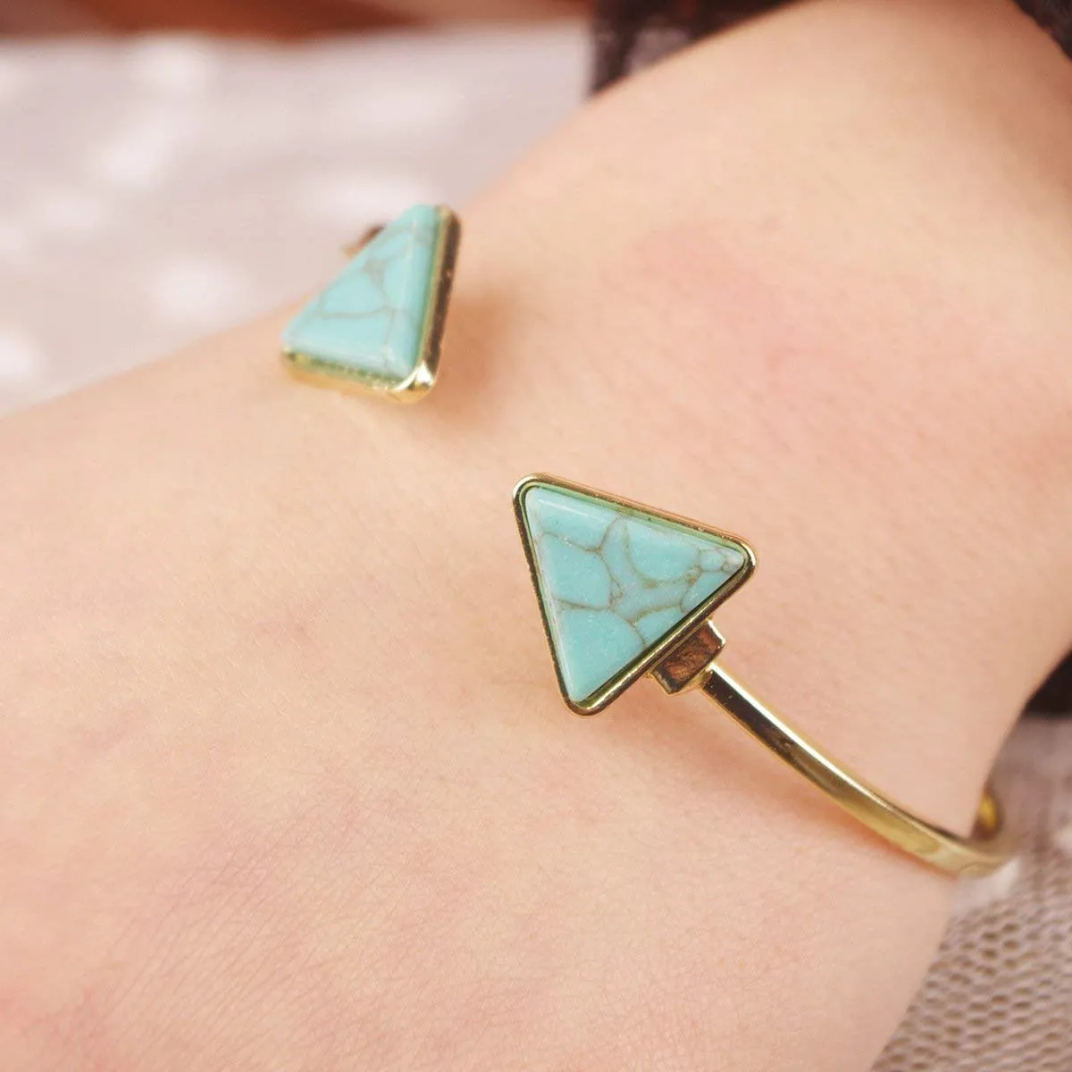 Yellow Chimes Retro Vintage Open Bangle Triangle Blue Turquoise Stone Cuff Bracelet for Women and Girl's