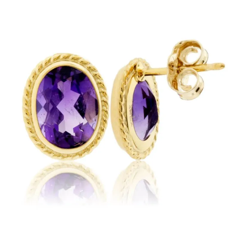 Yellow Gold Rope & Amethyst Rope Stud Earrings