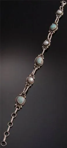 ZBM # 8 Spiderweb Turquoise Pearl Silver Link Bracelet by Erick Begay - YJ92O