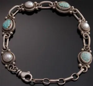 ZBM # 8 Spiderweb Turquoise Pearl Silver Link Bracelet by Erick Begay - YJ92O