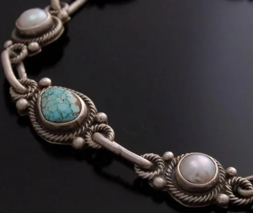 ZBM # 8 Spiderweb Turquoise Pearl Silver Link Bracelet by Erick Begay - YJ92O